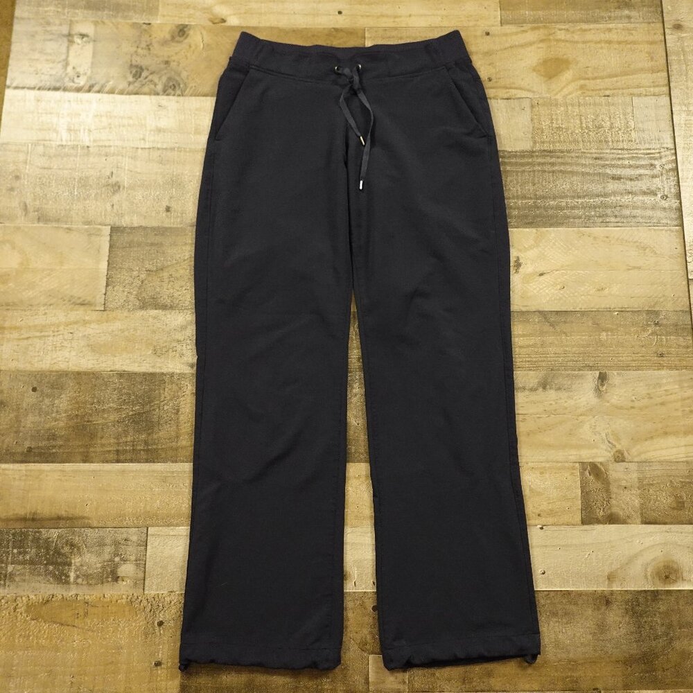 Athleta Midtown Trouser women's 10 navy with waist drawstring and hem strings